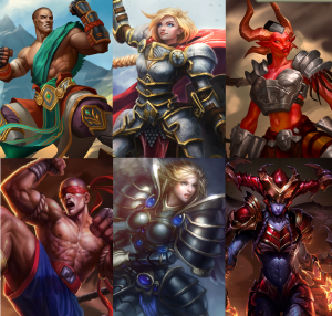 En haut, quelques uns des personnages parmi lesquels il est possible de choisir dans Eternal. En bas, trois champions de League of Legends qui leur ressemblent quand même un peu, j'trouve.